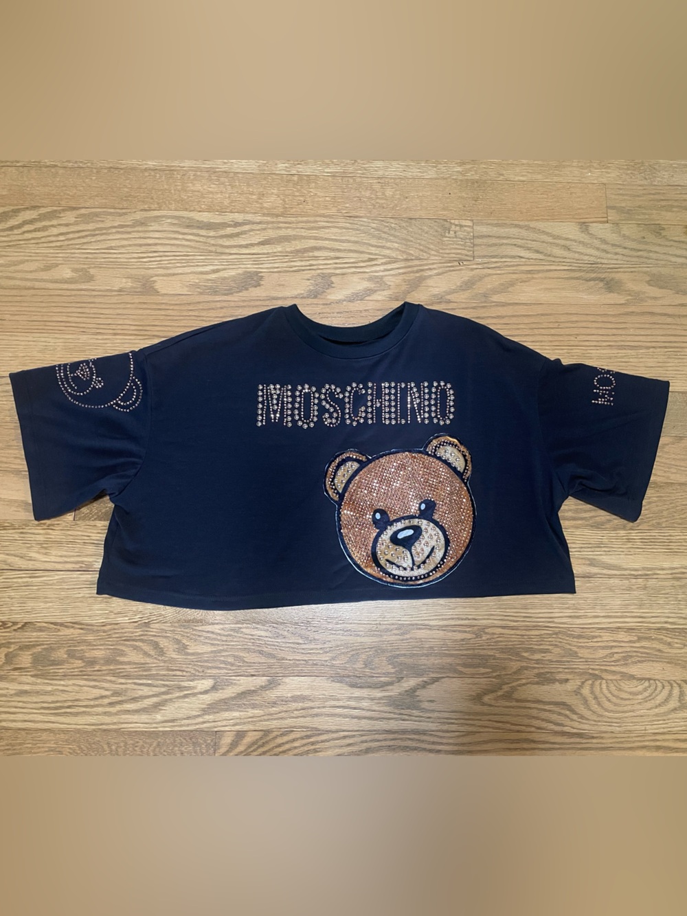 Moschino Style Black Crop Top Tee w/ Rhinestone Teddy Graphic & Logo - Sz M